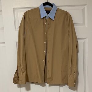 Prada Tan Dress Shirt with Blue Collar
